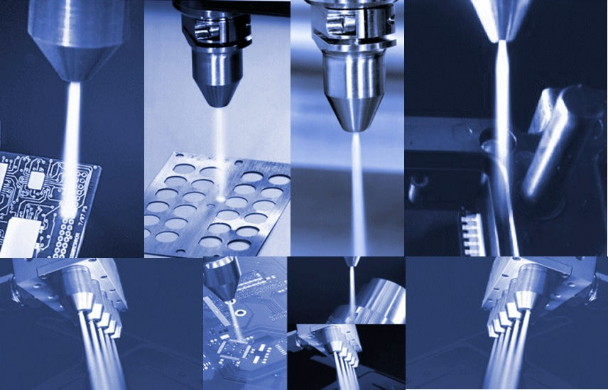 Collage of close-up images showing laser cutting and drilling machines processing metal and electronic circuit boards.